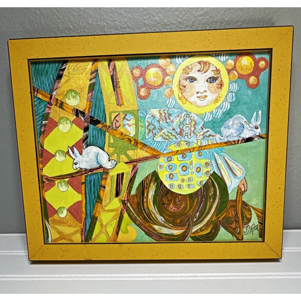 Framed Abstract Original Collage Painting Art Sun&Rabbits Signed SJRoth 11x9.5โ
